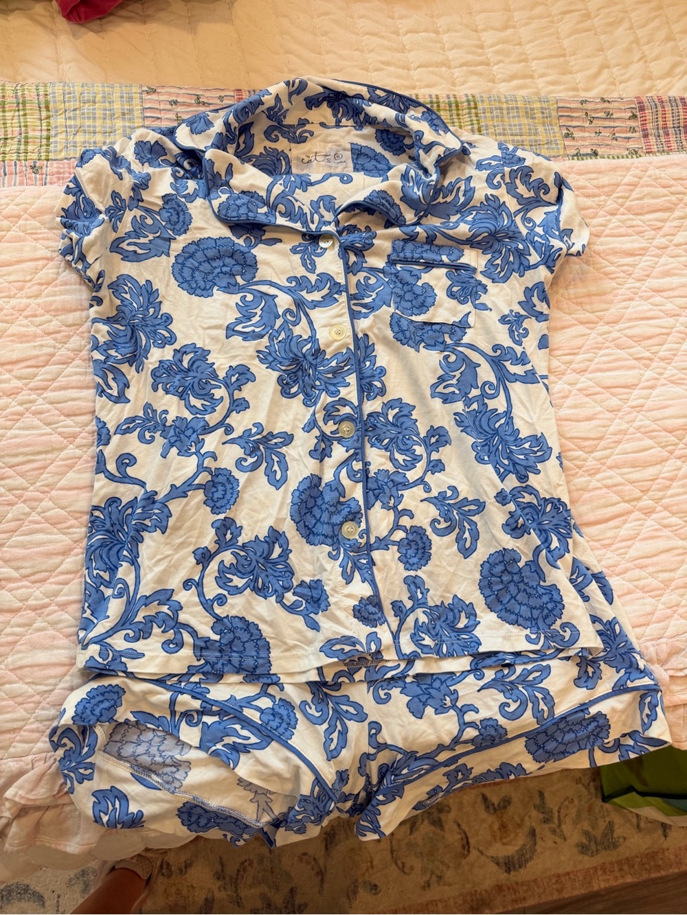 Blue Floral Short Pajama Set for Women - Lightweight Button-Up